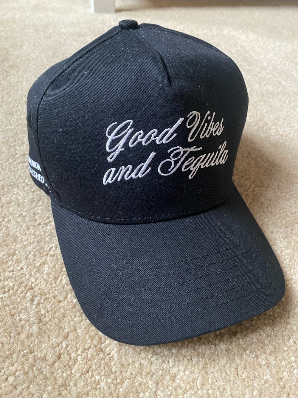 Uncommon James Black Cap with Embroidered White Script “good vibes and tequila”